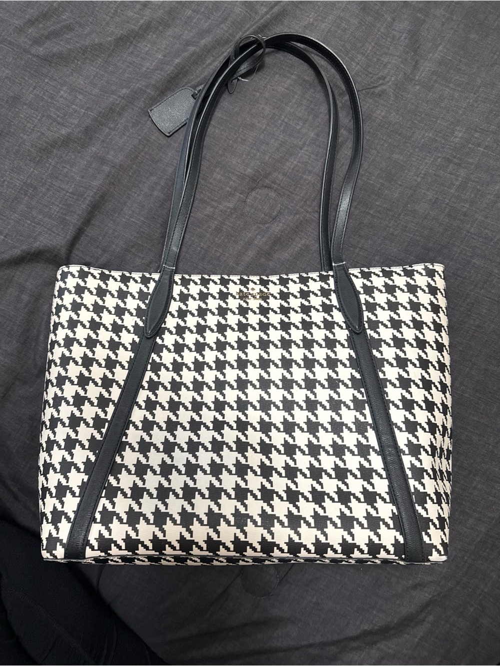 Kate Spade Black & White Houndstooth Tote Bag with Black Straps